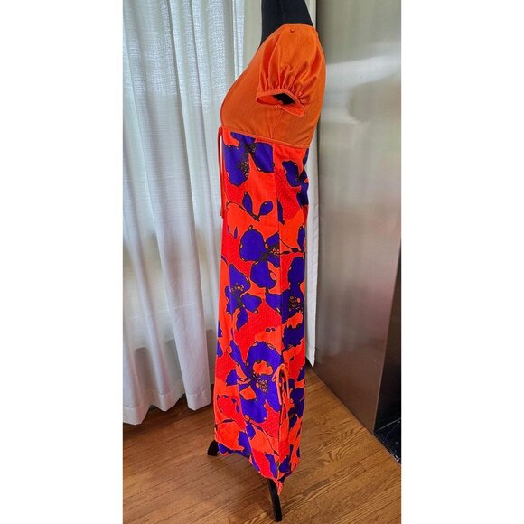 Vintage 70s maxi dress, orange bodice, empire waist, puff short sleeves - Picture 3 of 9